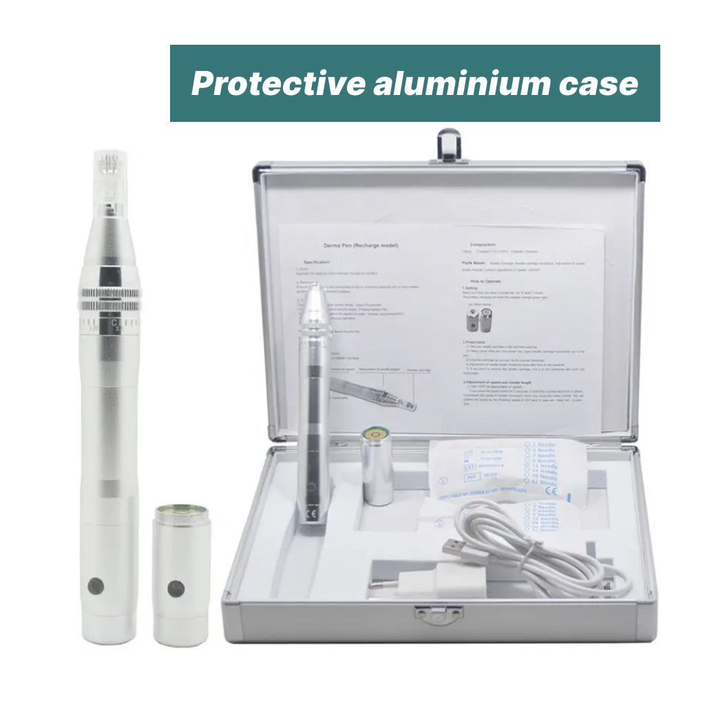 Derma Glow Dermapen • Electric rechargeable microneedling pen + spare battery and cartridges